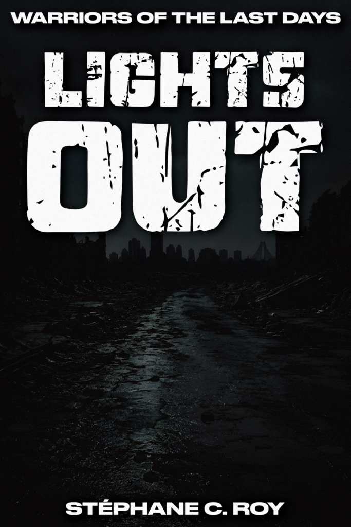 Book cover for Lights Out, featuring the title in distressed white lettering over a dark, post-apocalyptic cityscape.