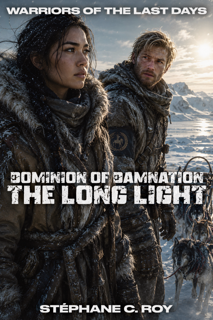 A man and a woman in rugged winter gear stand in a snowy landscape with a dog sled team, featured on the book cover for The Long Light by Stéphane C. Roy.