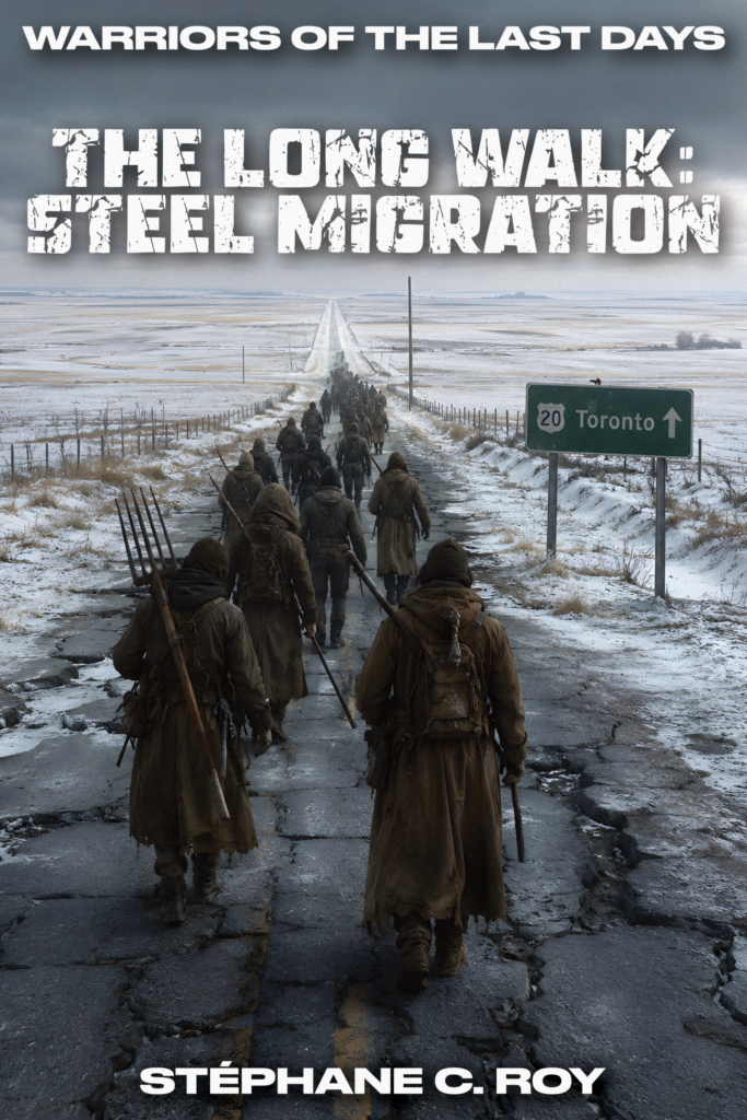 A group of people in worn, hooded cloaks walk away from the viewer down a cracked, snow-covered highway toward a distant horizon, with a road sign pointing toward Toronto.