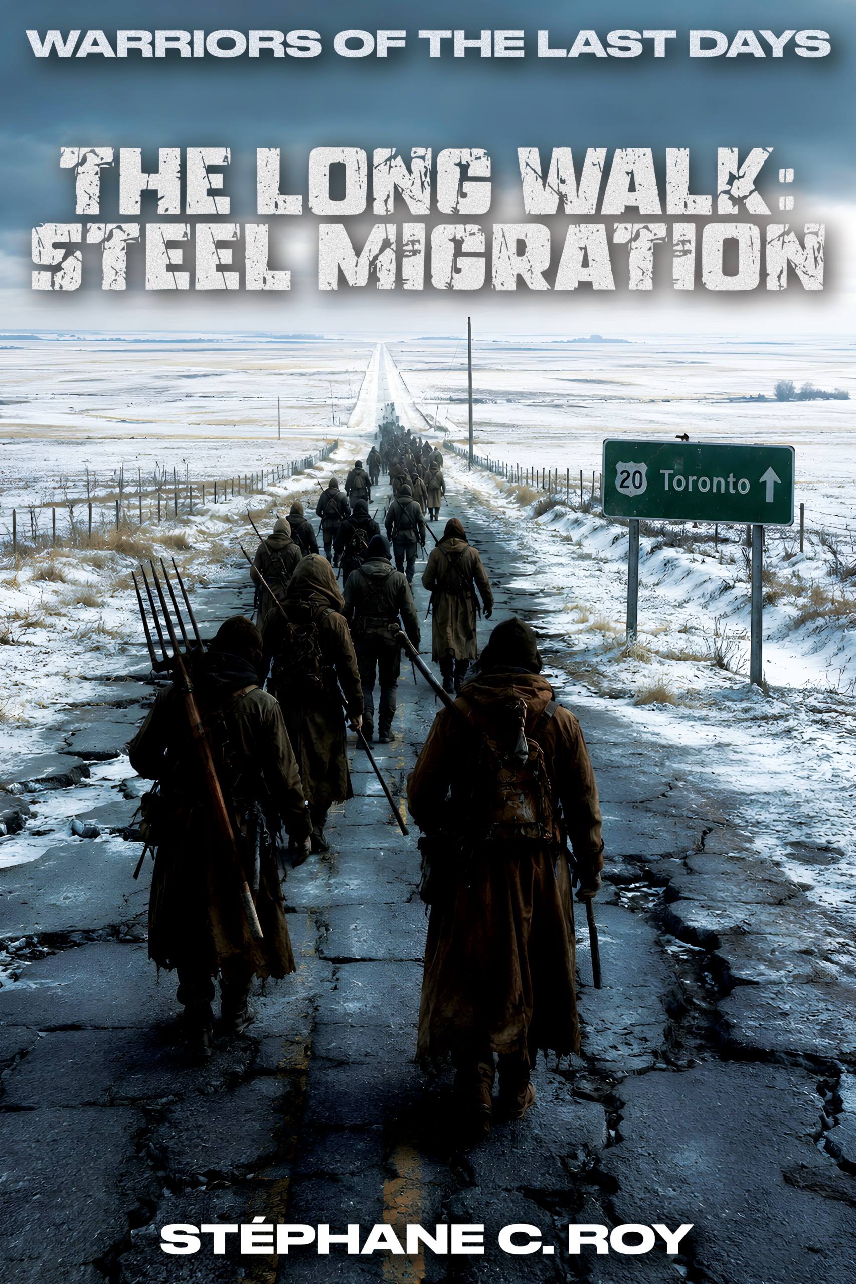 A group of people in rugged, hooded cloaks walk away from the viewer down a cracked, snow-covered highway toward a distant horizon, passing a road sign pointing toward Toronto.
