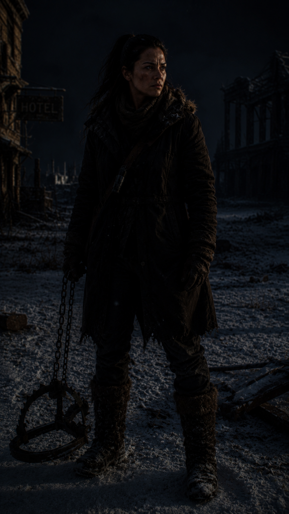 A woman in dark, rugged winter gear stands in a desolate, snow-covered ruin holding a large metal trap by a chain.