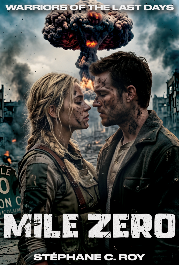 A man and woman face each other amidst a post-nuclear apocalypse with a large mushroom cloud in the background.