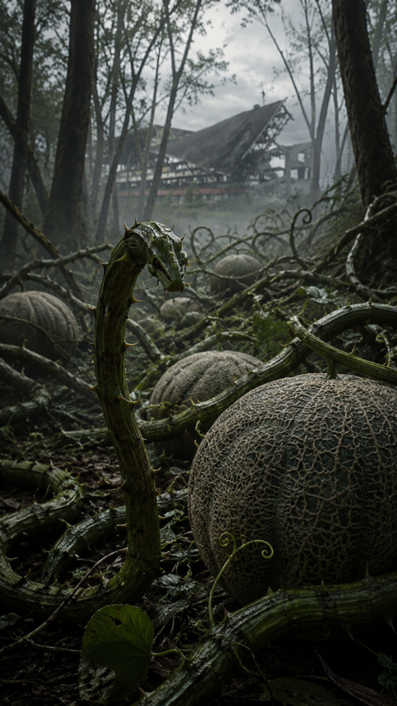 A serpentine, thorn-covered creature rises from a patch of large, textured melons in a misty, overgrown forest with a ruined building in the background.