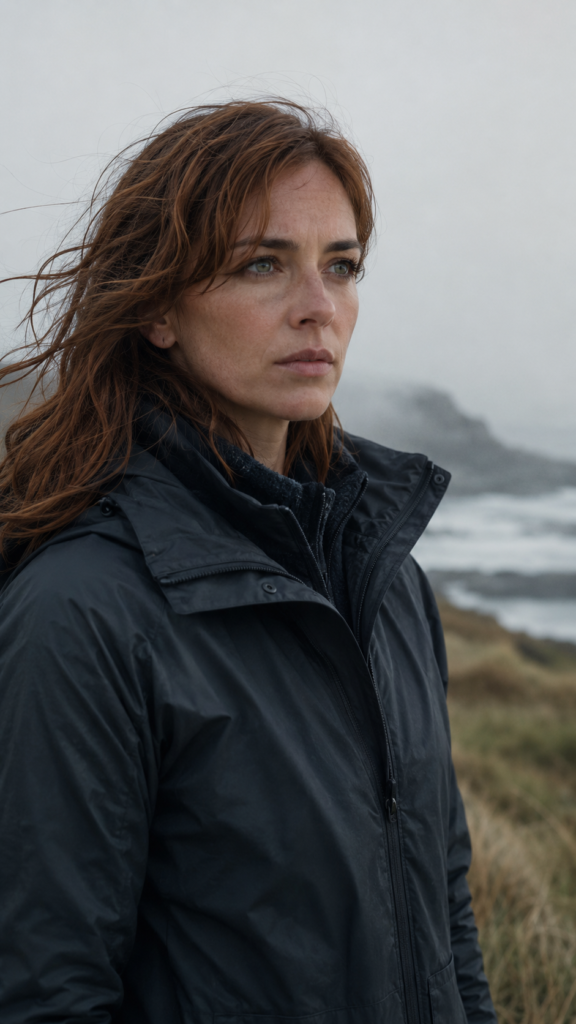 A woman with long auburn hair standing outdoors in a wind-swept, coastal landscape with a foggy sea in the background.