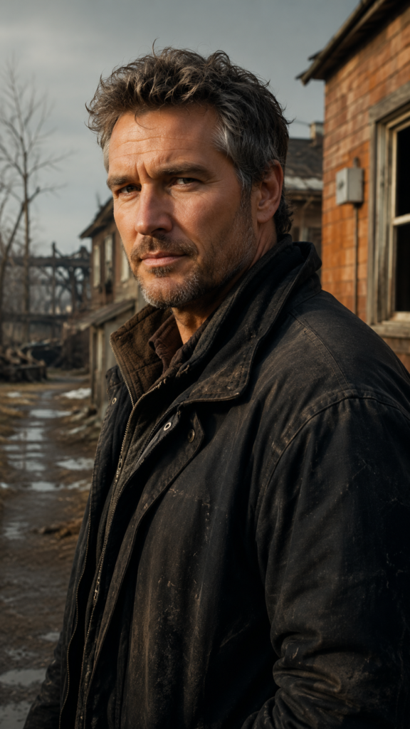 A man with short, graying hair and a dark jacket stands in a weathered, post-apocalyptic setting.