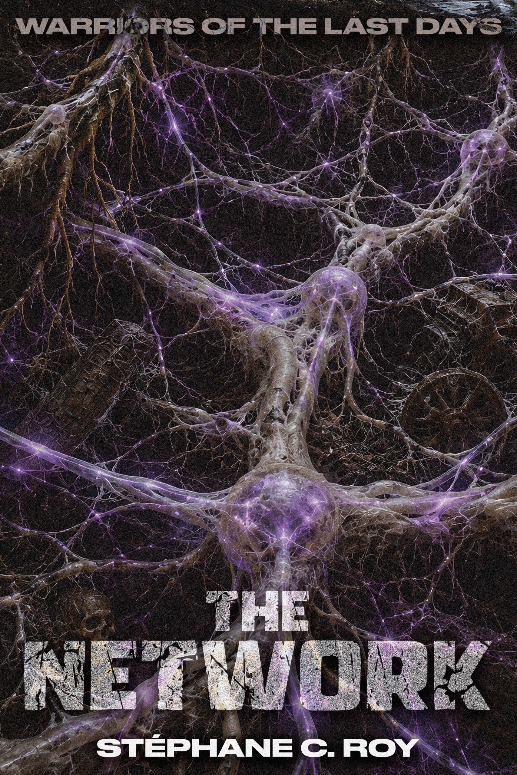 Book cover for The Network by Stéphane C. Roy, featuring a glowing purple neural network structure intertwined with dark, ruined debris against a black background.