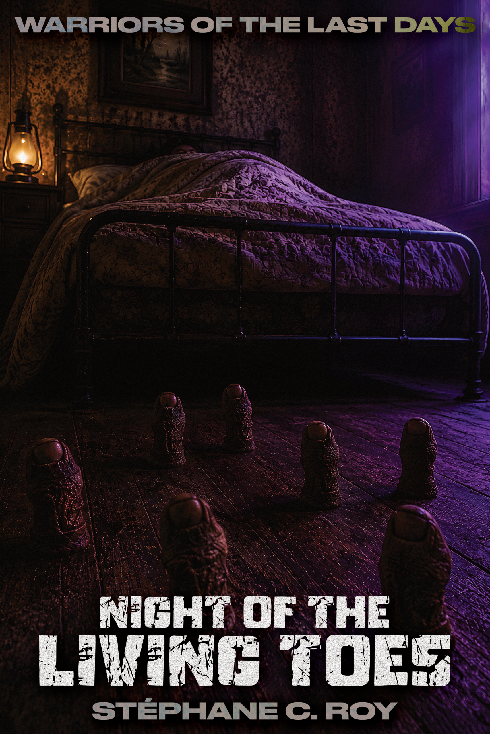 A dark, purple-toned book cover illustration showing several severed, textured toes standing upright on a wooden floor in front of a bed.