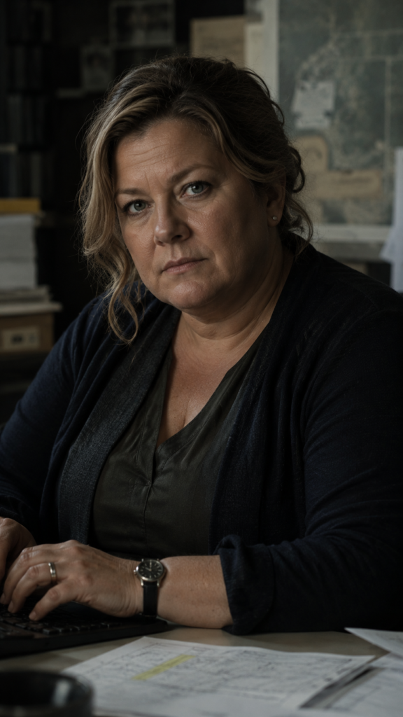 A woman with blonde hair styled in a loose updo sits at a desk, looking directly at the camera with a serious expression.