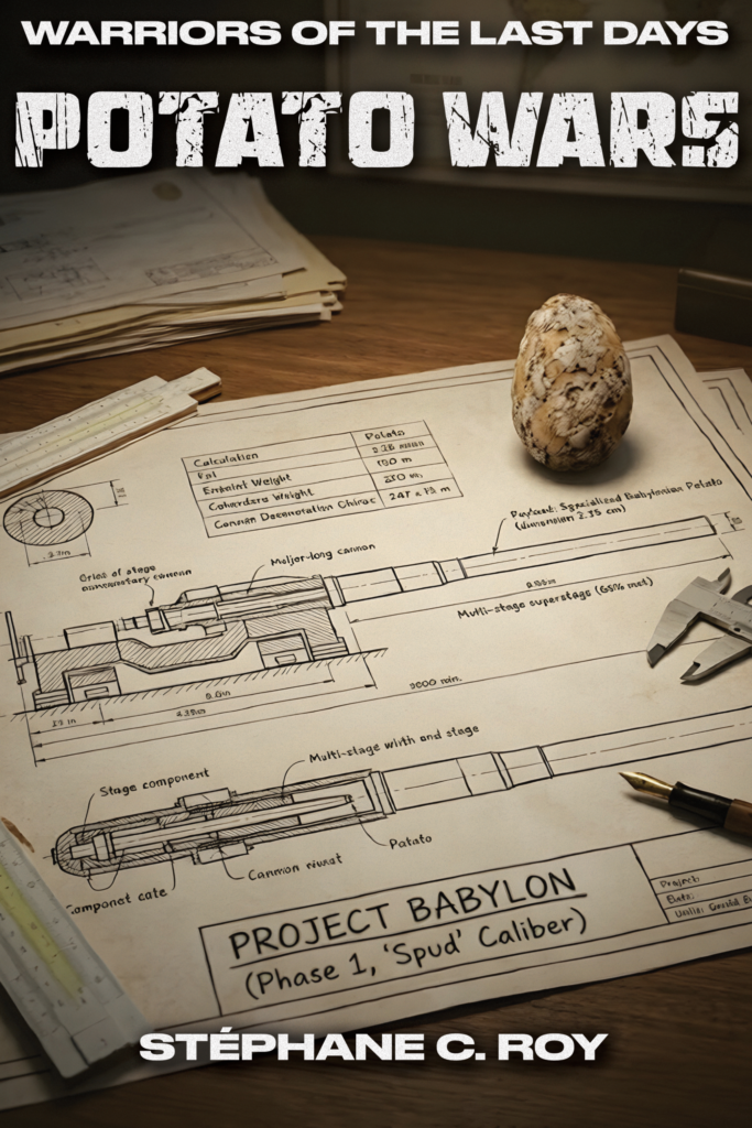 A technical blueprint for Project Babylon labeled with Potato Wars, featuring a diagram of a long-barreled cannon and a single potato resting on the desk.