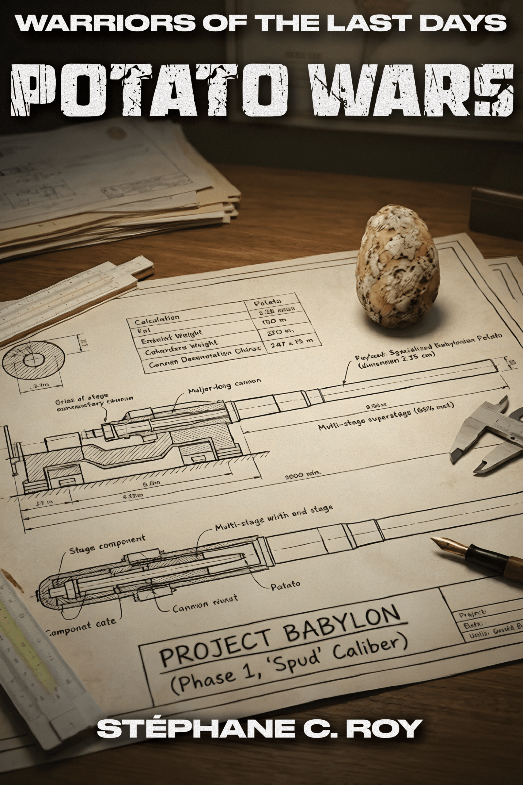 A technical blueprint for Project Babylon labeled with Potato Wars, featuring a diagram of a long-barreled cannon and a single potato resting on the desk.