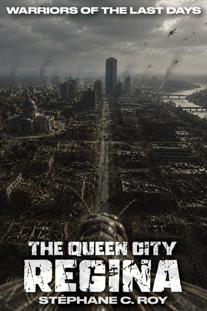 A dark, post-apocalyptic aerial view of a ruined city with a large insect in the foreground and the text Warriors of the Last Days, The Queen City Regina, and Stéphane C. Roy.
