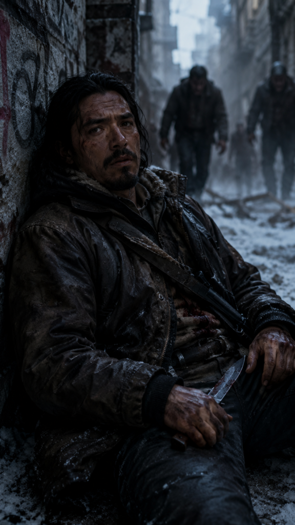 A man with a bloodied face and jacket sits against a graffiti-covered wall in a snowy, desolate urban alleyway, holding a knife while other figures approach in the background.