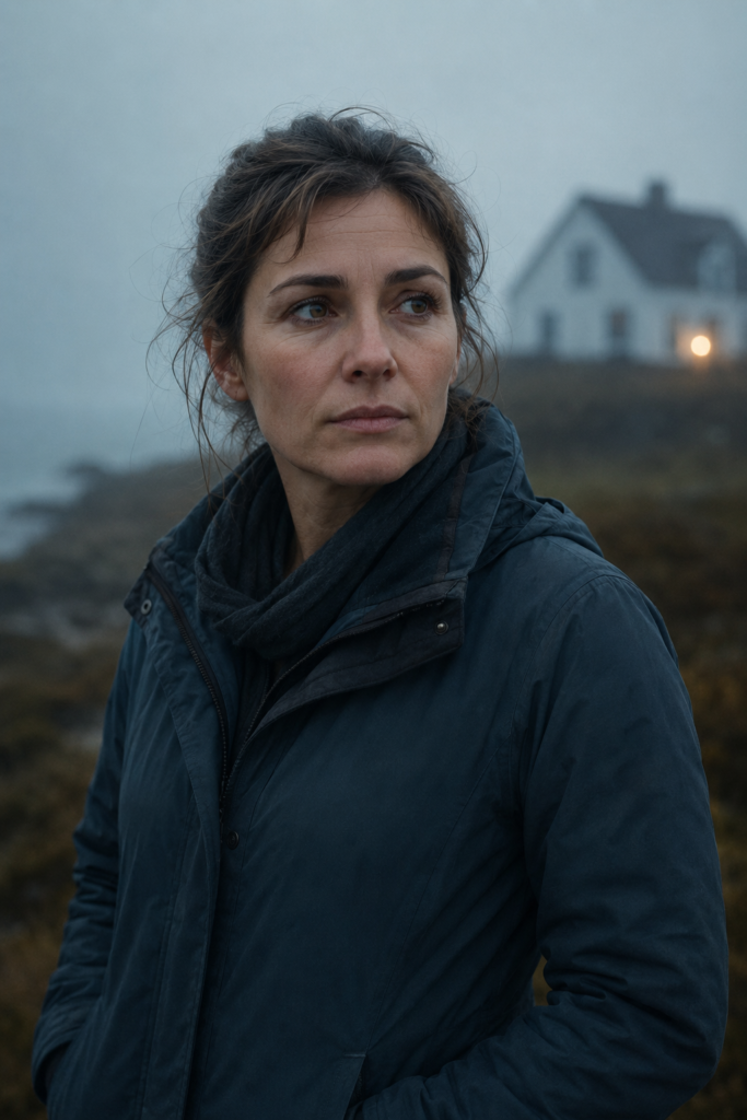A woman with dark hair wearing a dark jacket stands outdoors in a foggy, coastal setting with a house visible in the background.