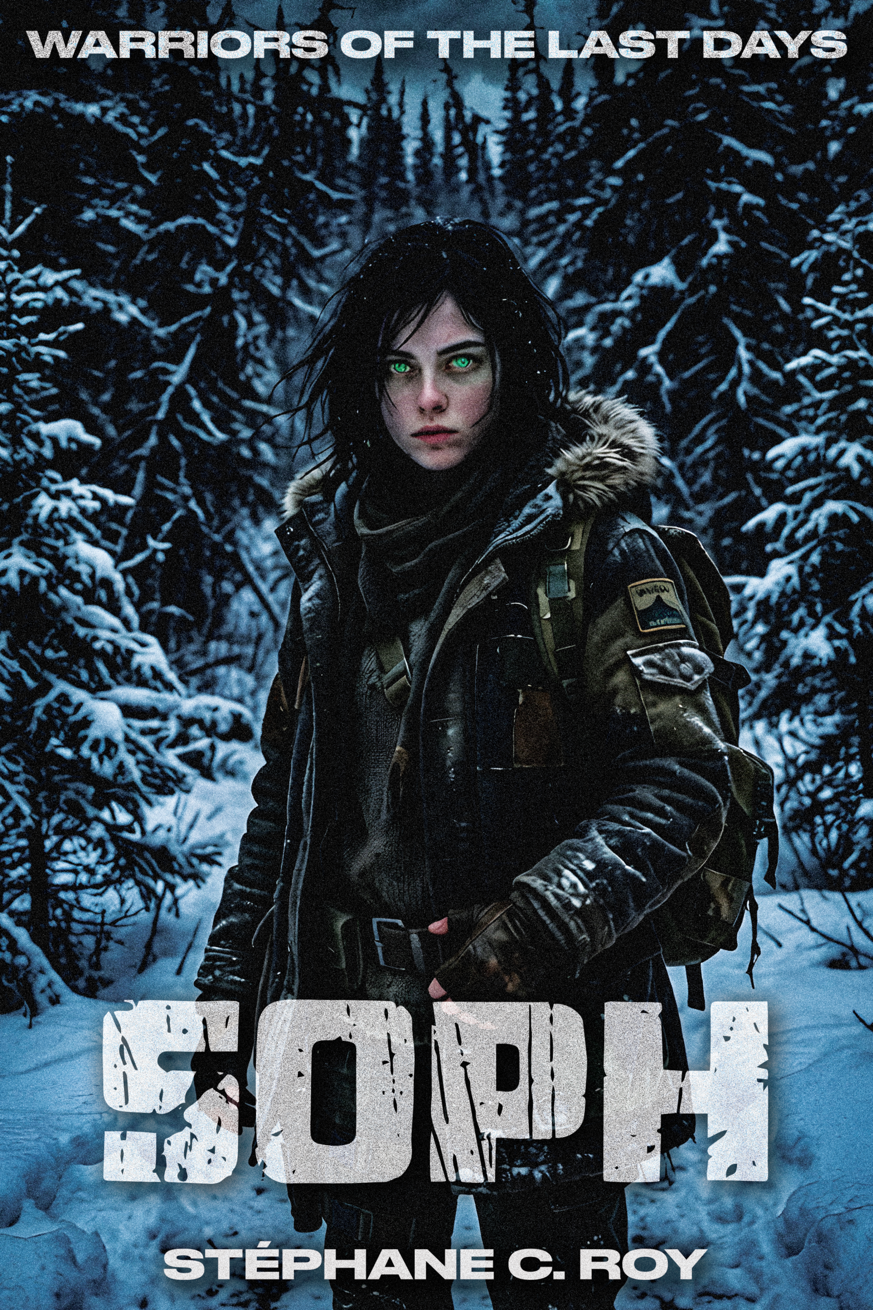 A young woman with intense green eyes wearing a heavy winter parka in a snowy, post-apocalyptic forest.