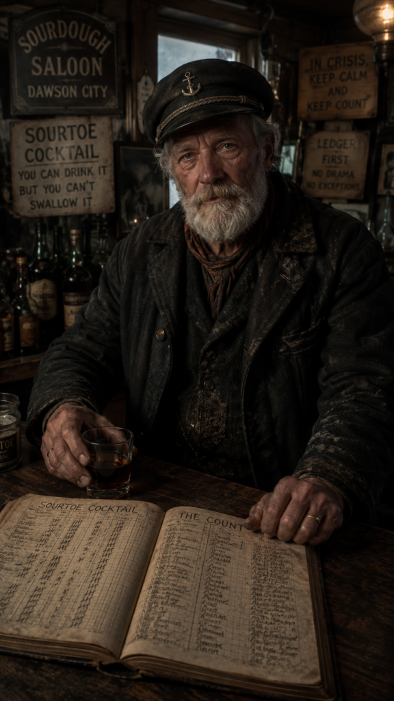 An elderly man with a white beard and a captain's hat sits at a wooden bar, holding a glass of amber liquid while looking at an open ledger titled Sourtoe Cocktail.