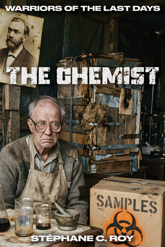 An elderly chemist in a post-apocalyptic lab setting, with lab equipment and a biohazard warning box.