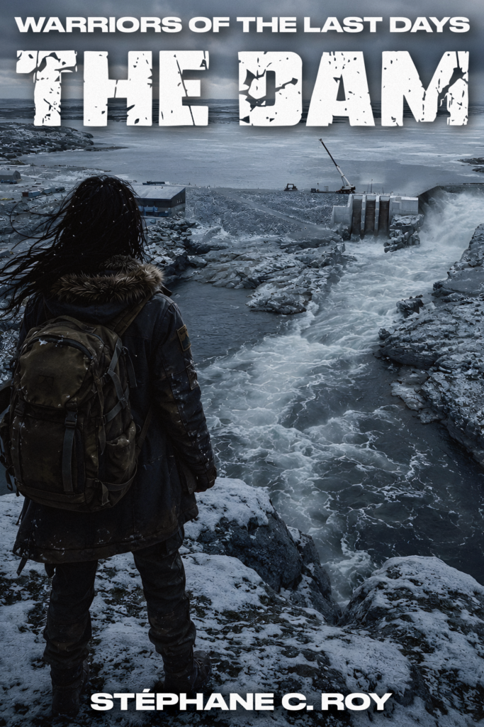 A person with a backpack stands on a snowy cliff overlooking a rushing dam in a post-apocalyptic landscape.