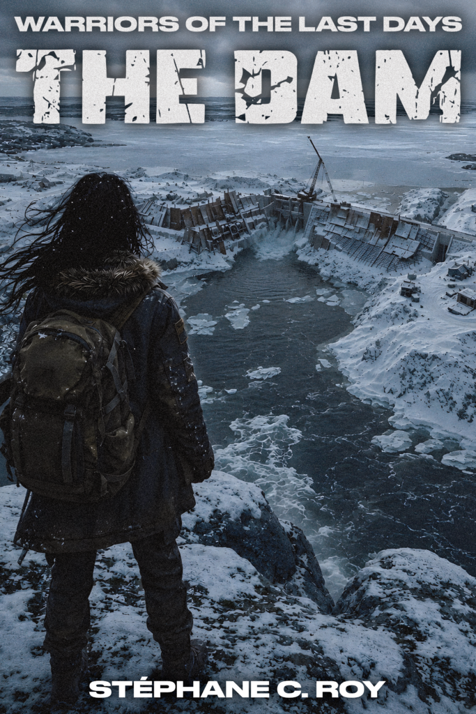 A person with a backpack stands on a snowy cliff overlooking a large dam in a desolate, post-nuclear landscape.