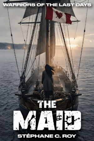 A lone figure stands on the deck of a sailing ship at sunset, flying a Canadian flag with a heart and arrow symbol.