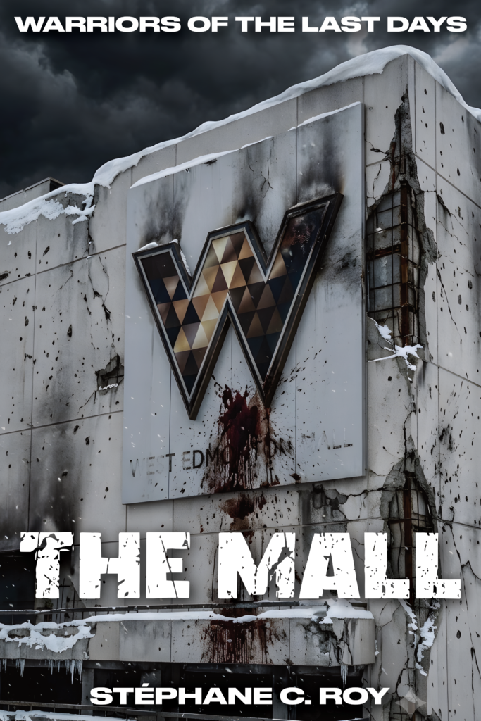 Book cover featuring a damaged, snow-covered mall facade with a large letter W logo marked with a blood stain.