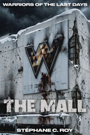 A dystopian book cover titled The Mall featuring a damaged, snow-covered building with a large W logo and dark, stormy skies.