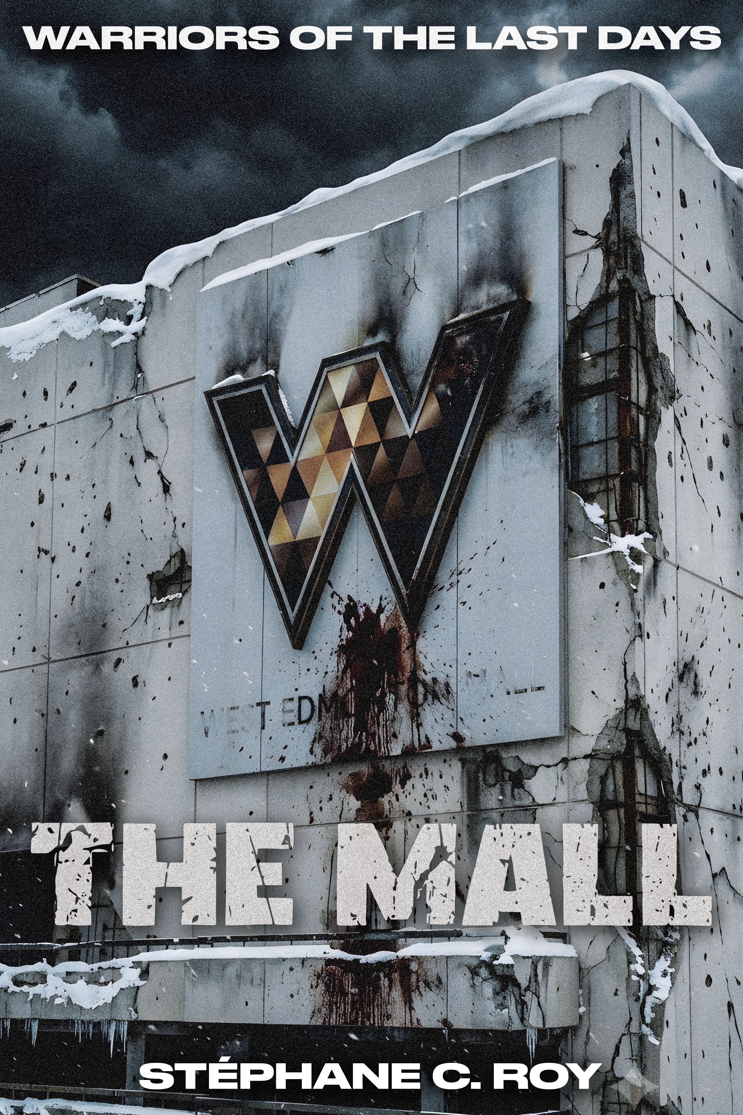 A dystopian book cover titled The Mall featuring a damaged, snow-covered building with a large W logo and dark, stormy skies.