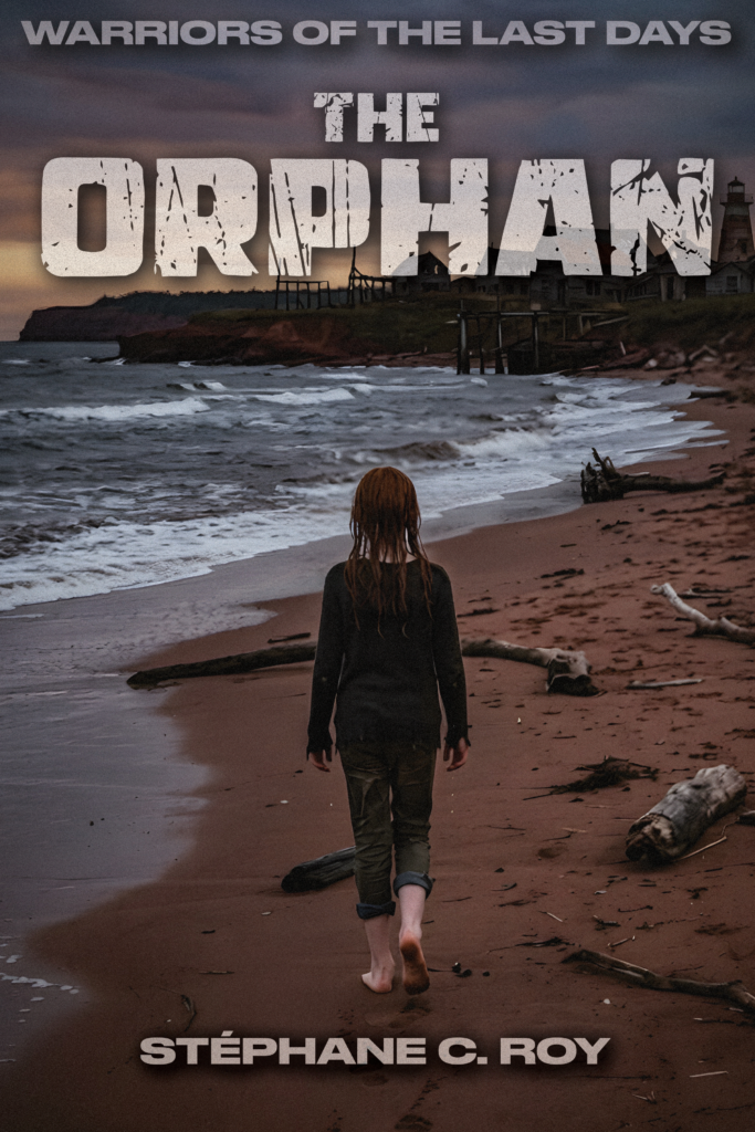 A person with long reddish hair walks barefoot along a desolate, debris-strewn beach toward a distant lighthouse under a dark, moody sky.
