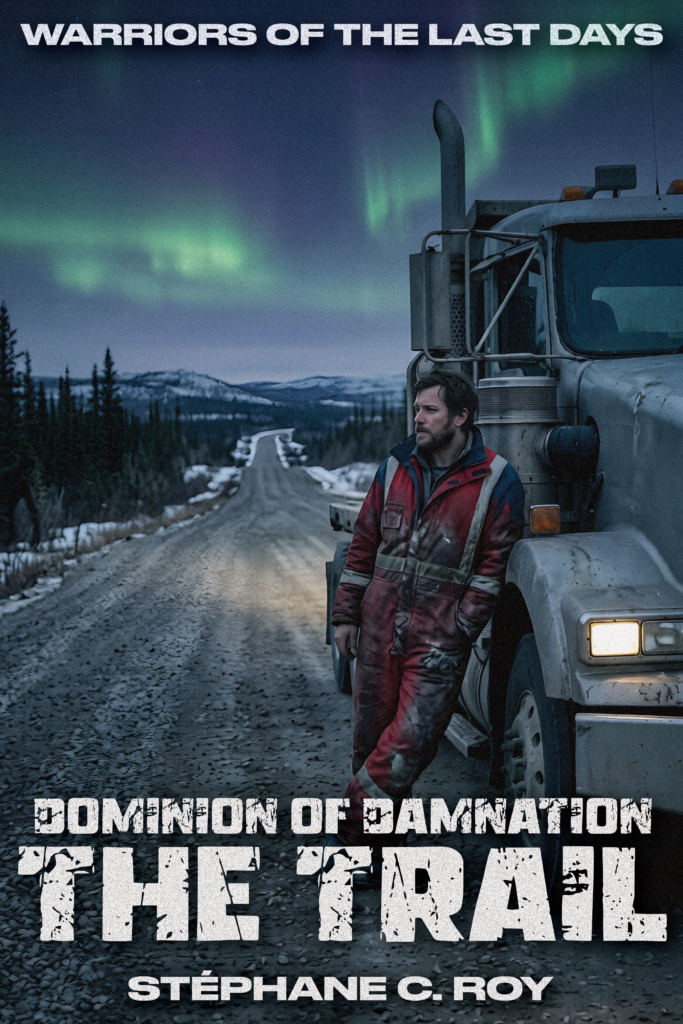 A man in a dirty red jumpsuit leans against a large truck on a desolate, snowy road under a vibrant aurora borealis.