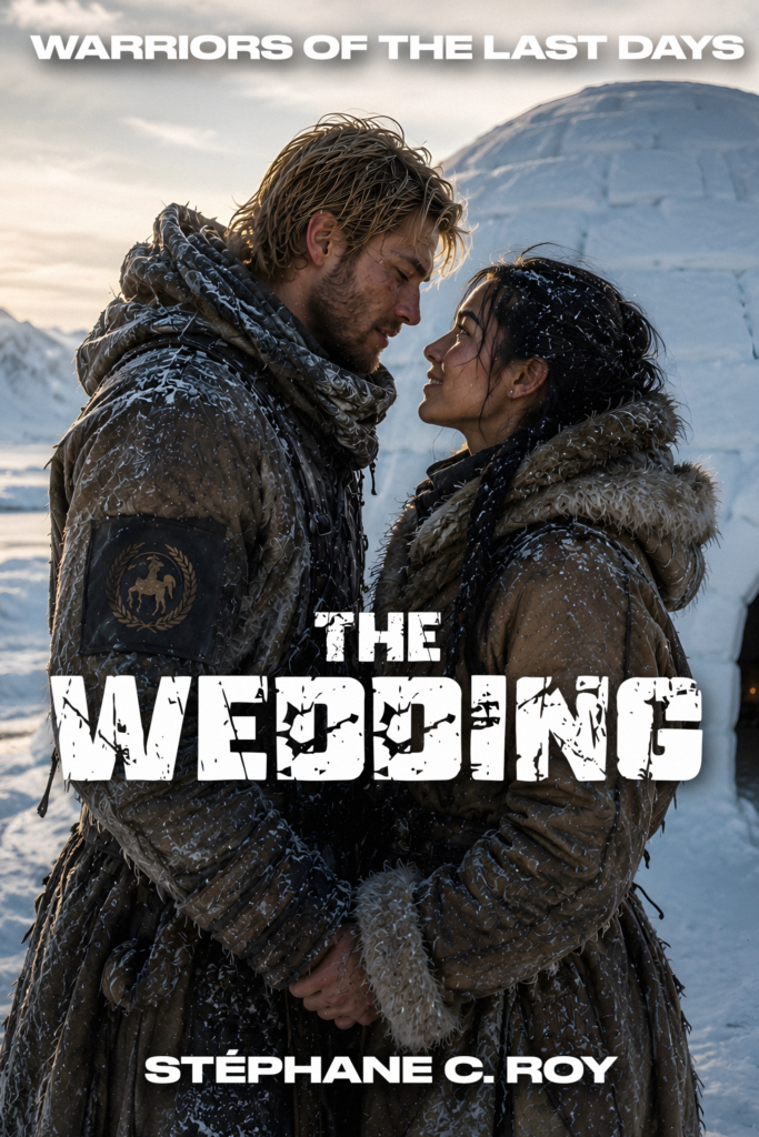 A man and a woman in heavy, snow-covered winter gear stand close together in a snowy landscape, facing each other in front of an igloo.