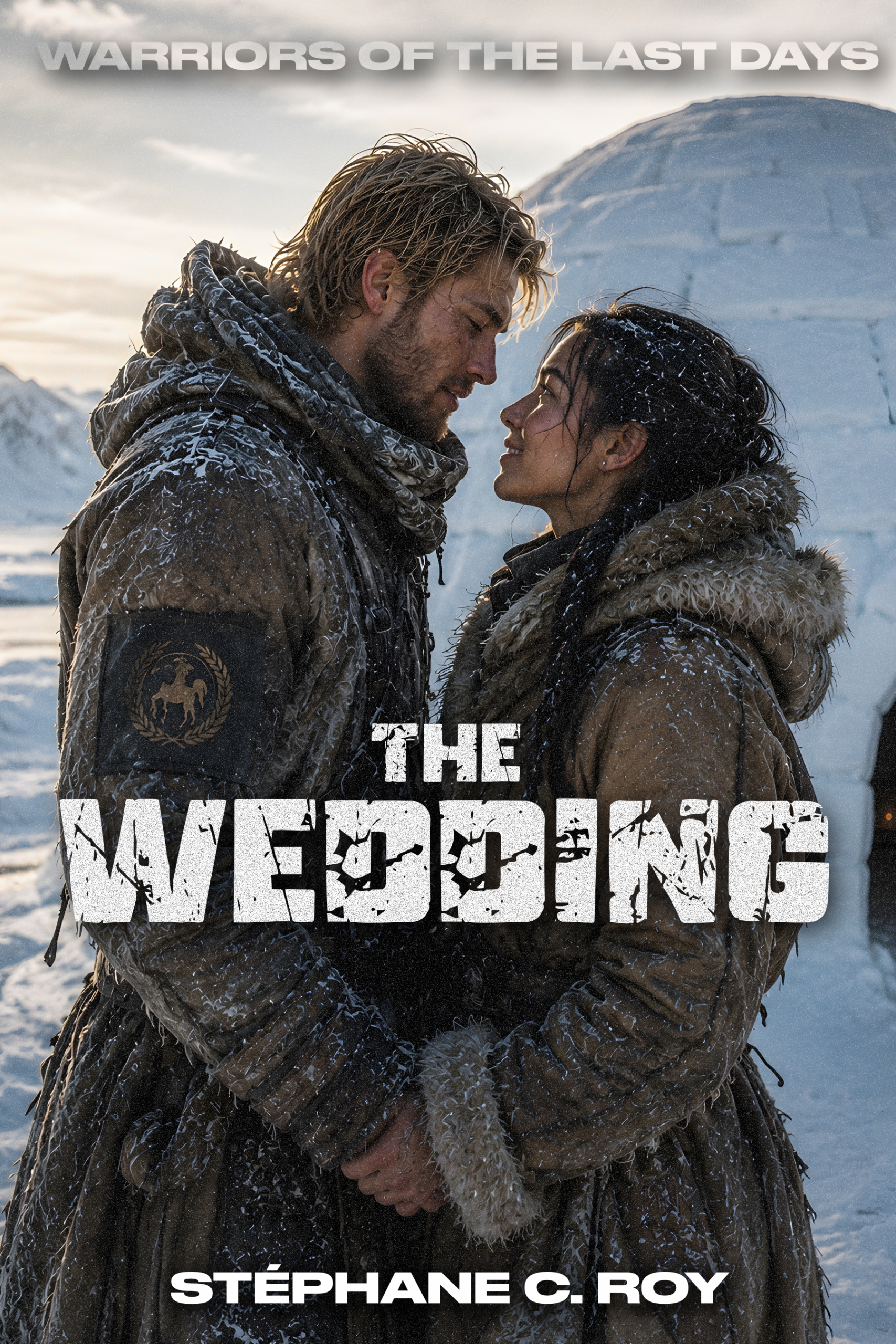A man and a woman in heavy, snow-covered winter gear stand close together in a snowy landscape with an igloo in the background.