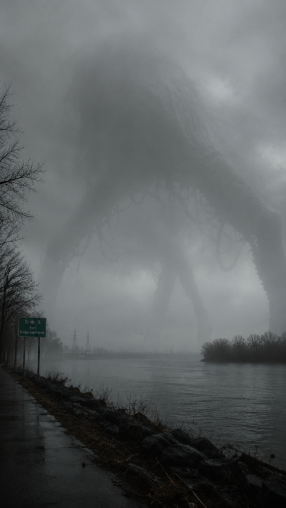 A massive, shadowy, multi-legged creature looms over a river in a foggy, post-apocalyptic landscape near a road sign for Gouin O. and Rivière-des-Prairies.