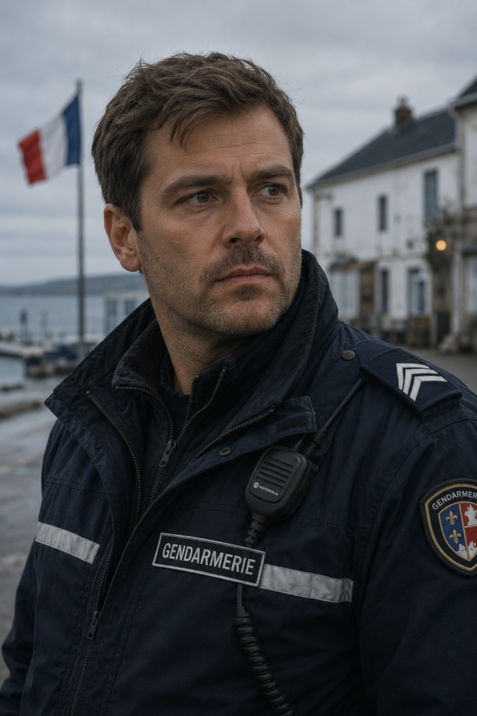 A man in a dark blue Gendarmerie uniform looking off into the distance with a French flag and coastal buildings in the background.