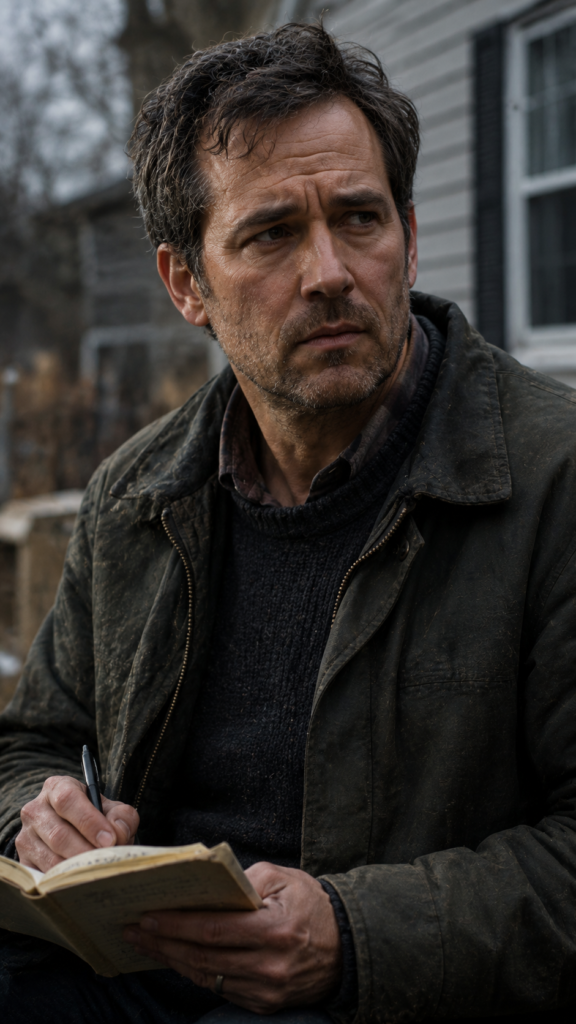 A man with dark hair and stubble wearing a weathered jacket writes in a small notebook while looking off to the side.