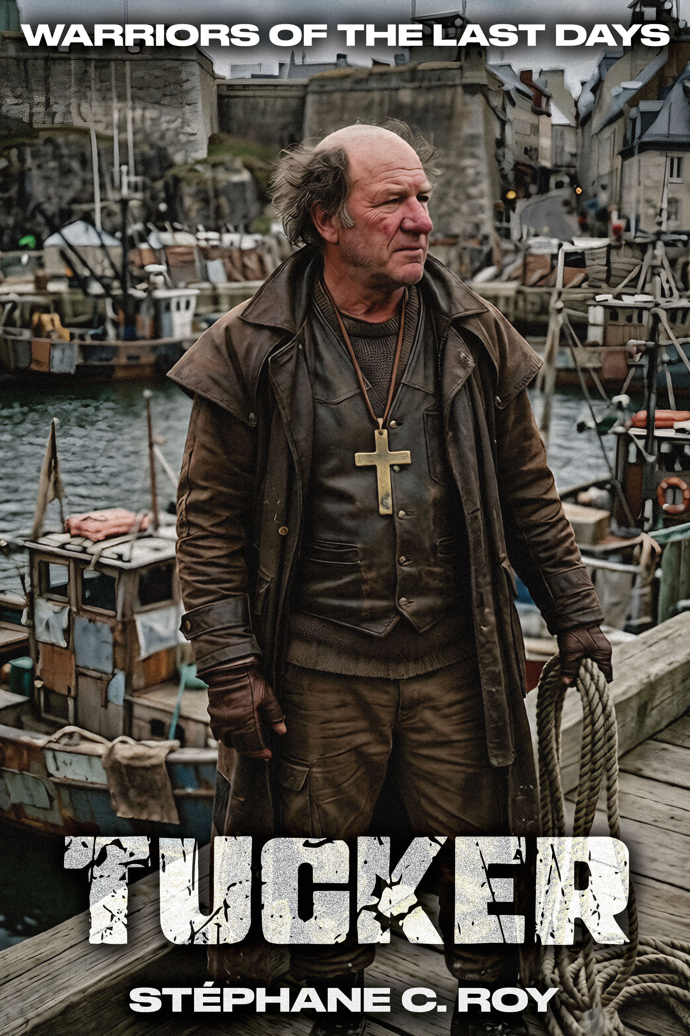 A man wearing a long brown coat and a large cross necklace stands on a wooden dock in a post-apocalyptic harbor setting.