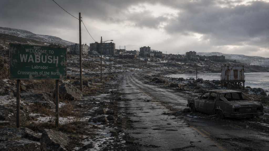 Post-Apocalyptic Fiction in Newfoundland and Labrador: A weathered road sign reading Welcome to Wabush, Labrador, stands beside a cracked, desolate road with a rusted car wreck.