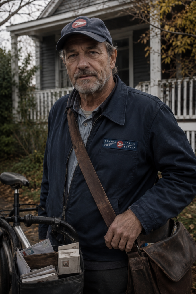 A middle-aged man wearing a Canada Post uniform and cap stands in front of a house with a bicycle and a leather mail bag.