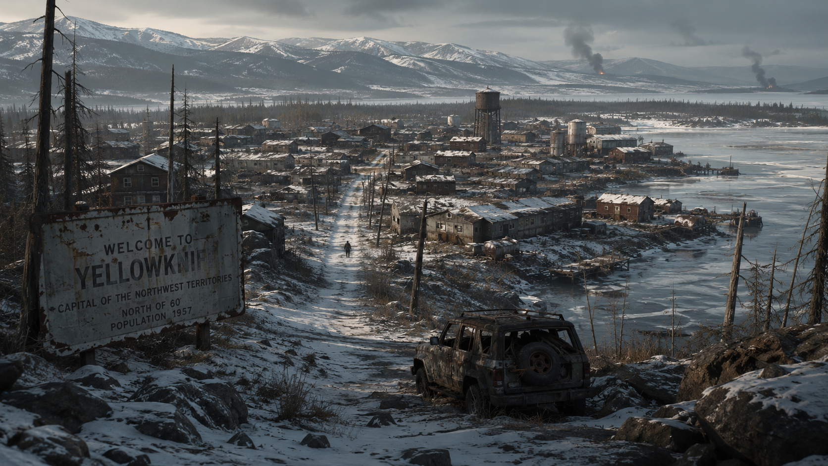 A desolate, snow-covered town of Yellowknife with a rusted welcome sign, a lone figure walking, and distant smoke plumes.