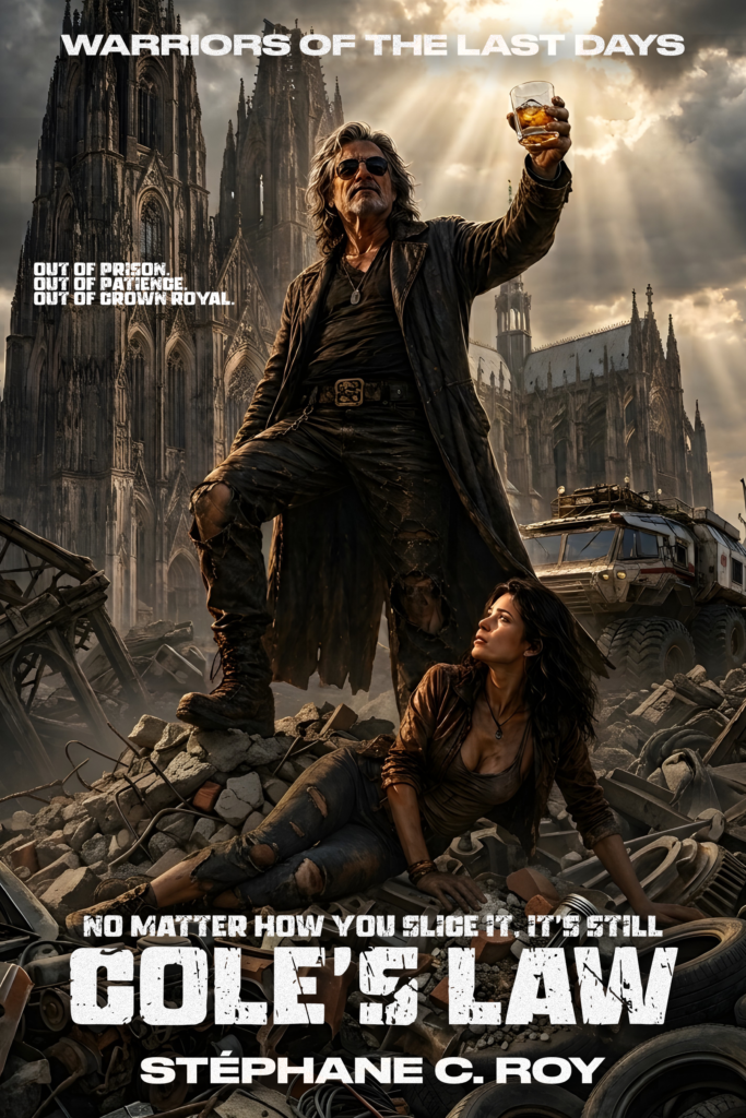 A man in a long coat stands over a woman amidst post-apocalyptic ruins with a gothic cathedral in the background, holding a glass aloft.