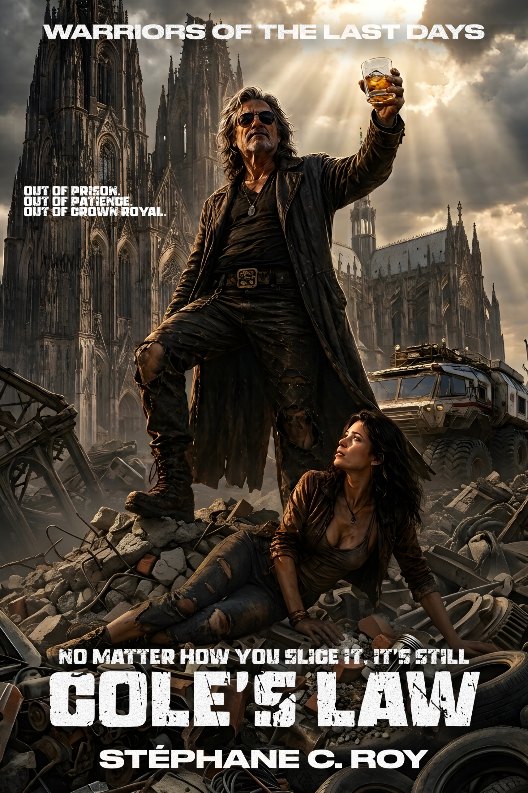 A man in a long coat stands over a woman amidst post-apocalyptic ruins with a gothic cathedral in the background, holding a glass aloft.