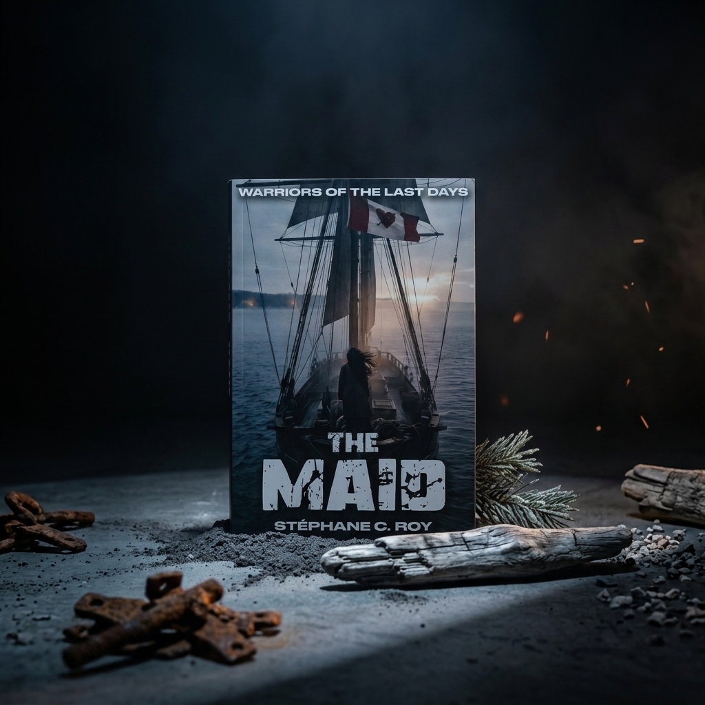 The book cover for The Maid by Stéphane C. Roy, featuring a silhouette on a ship under a modified Canadian flag.