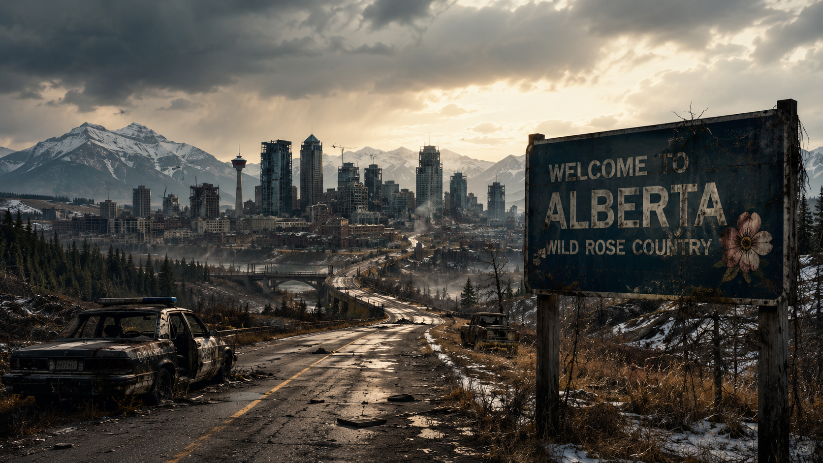 A weathered road sign reading Welcome to Alberta Wild Rose Country stands beside a desolate highway leading toward a ruined city skyline under a dramatic, cloudy sky.