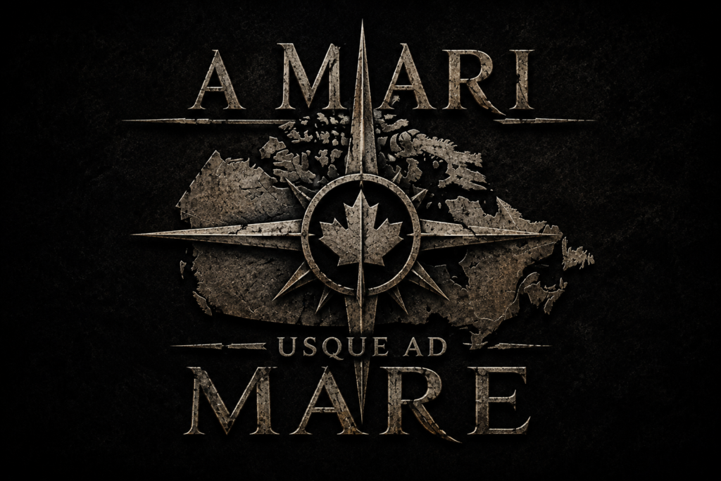 A MARI USQUE AD MARE: A dark, weathered logo featuring a map of Canada behind a compass rose with a maple leaf at its center, surrounded by the text A MARI USQUE AD MARE.
