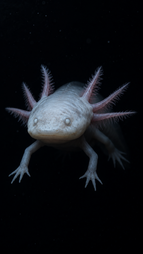 A pale, leucistic axolotl with feathery external gills swimming in dark, murky water.