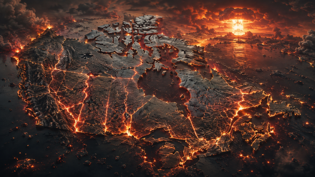 APOCALYPSE IN CANADA: A stylized map of Canada depicted as a cracked, glowing landscape under a dark, stormy sky with a distant nuclear explosion on the horizon.