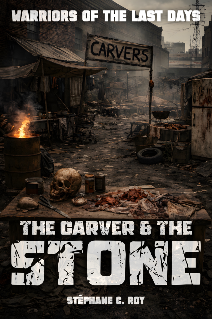 A dark, post-apocalyptic scene featuring a makeshift market stall with a sign reading CARVERS, a burning barrel, and a table displaying a skull and raw meat.