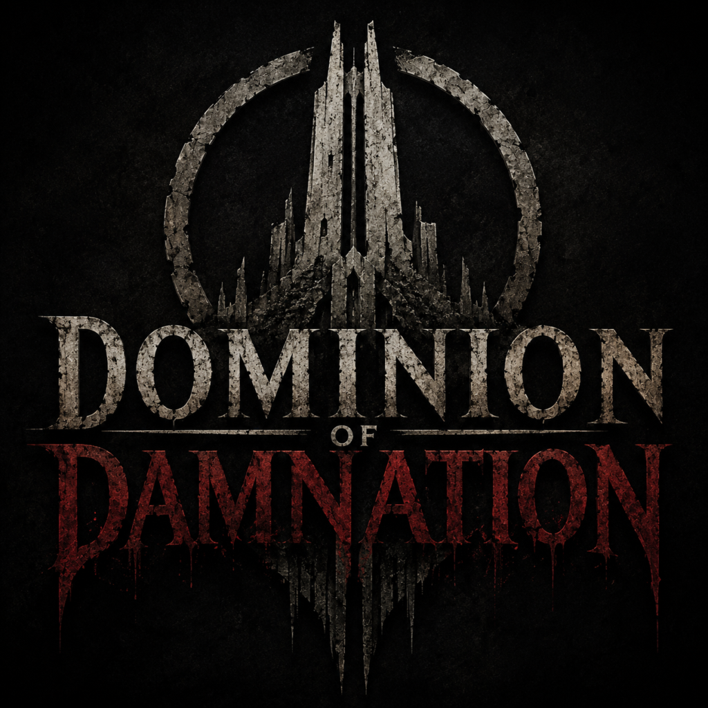 The logo for the Dominion of Damnation series, featuring a stylized, crumbling tower inside a circle above the text in a dark, weathered font.