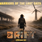 A person with a backpack walks down a cracked, desolate road toward a sunset in a post-apocalyptic landscape with a ruined highway overpass and a wind turbine.