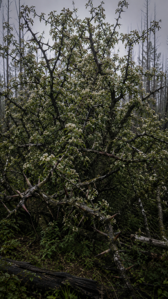 A thorny hawthorn tree with small white blossoms stands in a dark, misty forest with bare, skeletal trees in the background.