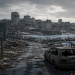 A rusted welcome sign for Halifax, Nova Scotia, stands beside a desolate road leading toward a ruined, snow-dusted city skyline.
