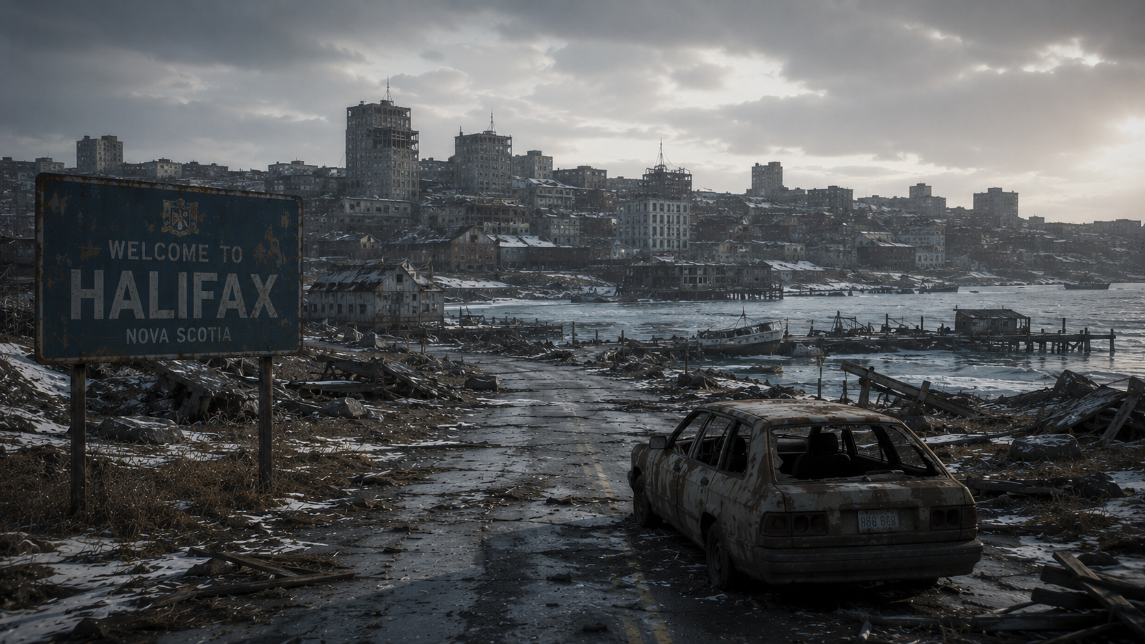 A rusted welcome sign for Halifax, Nova Scotia, stands beside a desolate road leading toward a ruined, snow-dusted city skyline.